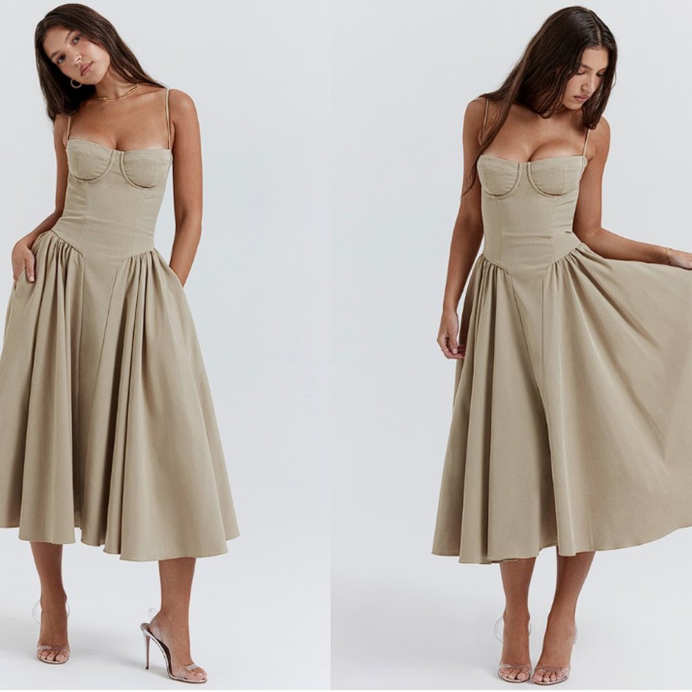 HOUSE OF CB 'Samaria' Taupe Corset Midi Sun Dress NWOT - Picture 9 of 16